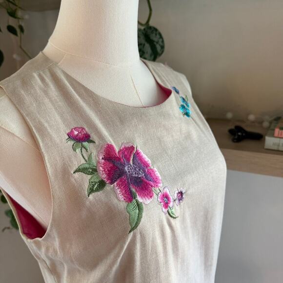 Vintage Beige Floral Embroidered Dress Maxi Sleeveless Size 12 Linen Elegant - Picture 3 of 9